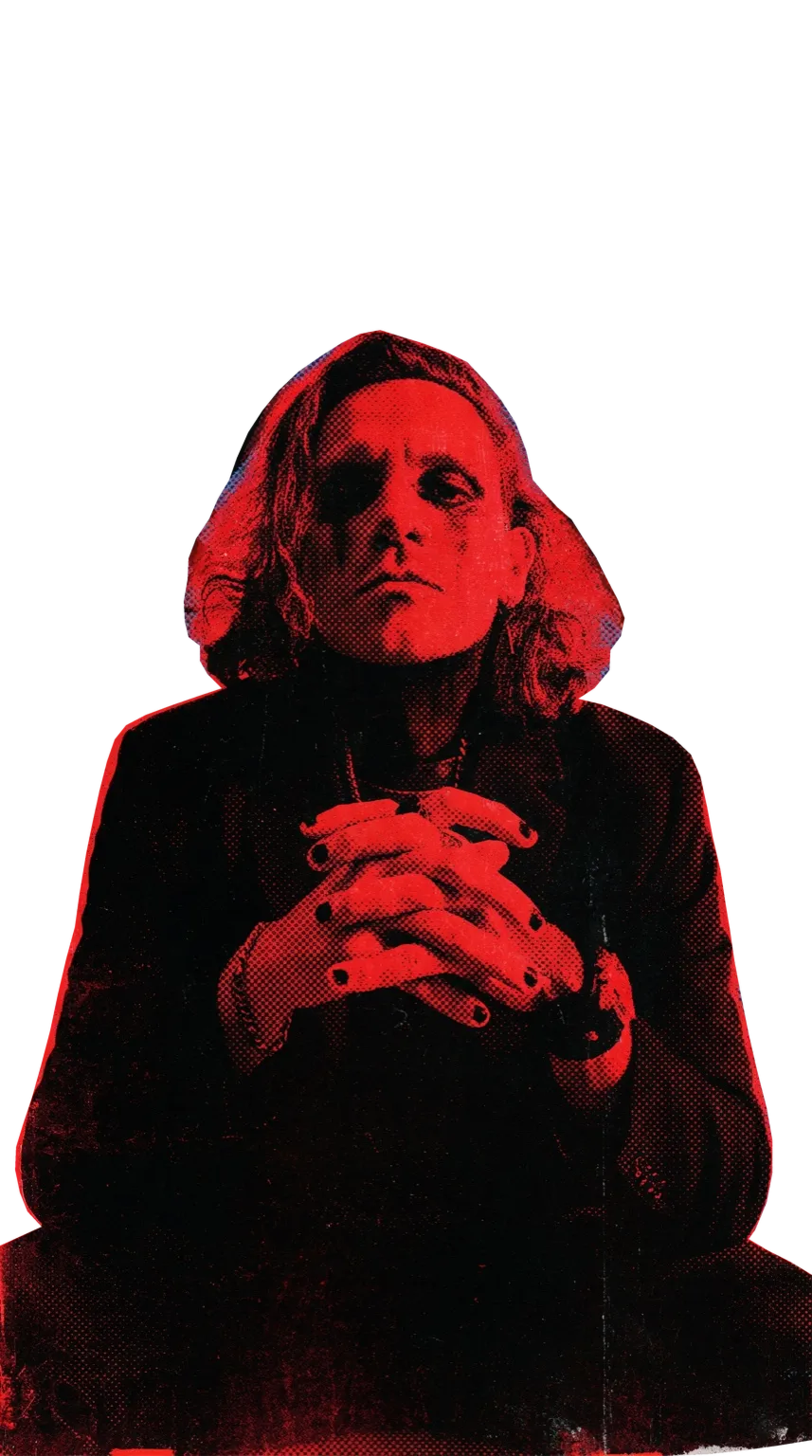 Christian seated with hands clasped, from the JRNXLST website artwork